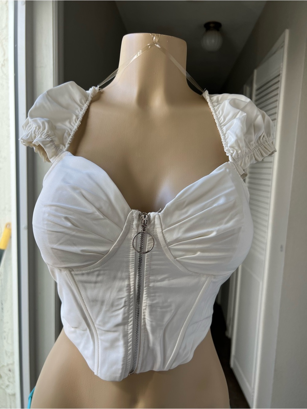 Windsor White Zip-Front Corset Puff Sleeve Bodysuit